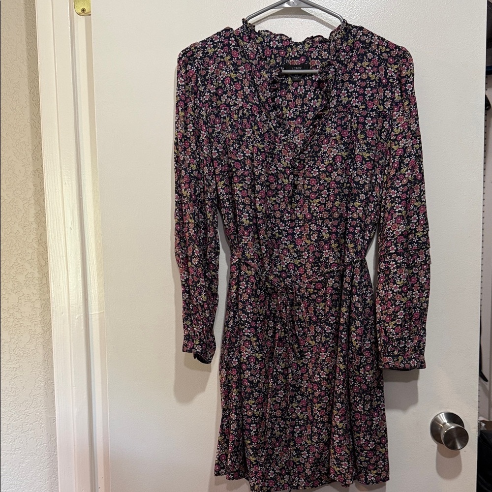 J. Crew Black Floral Long-Sleeve Midi Dress with Pink and Green Accents